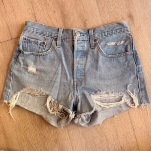 Levi's 501 Original High Rise Distressed Denim Cut Off Shorts Light Wash Blue 28